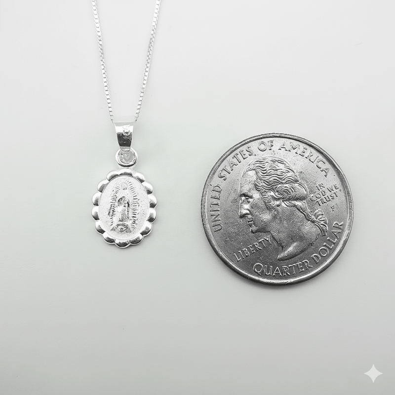 Silver Our Lady of Guadalupe Medal Mini Oval Floral Necklace 18 - inch - Guadalupe Gifts