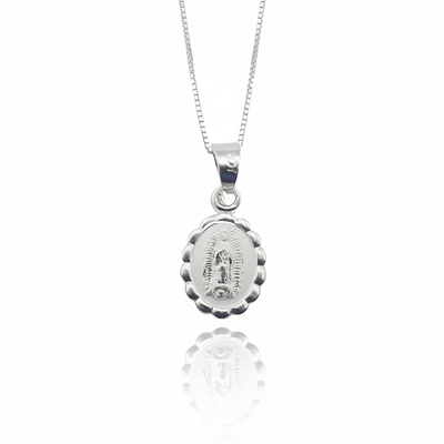 Silver Our Lady of Guadalupe Medal Mini Oval Floral Necklace 18 - inch - Guadalupe Gifts