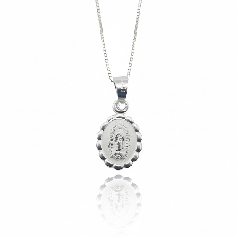 Silver Our Lady of Guadalupe Medal Mini Oval Floral Necklace 18 - inch - Guadalupe Gifts