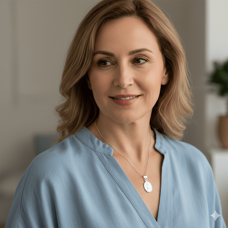 Silver Our Lady of Guadalupe Medal Mini Oval Floral Necklace 18 - inch - Guadalupe Gifts