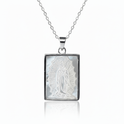 Silver - Plated Guadalupe Necklace w/ Mother of Pearl 18 - inch - Guadalupe Gifts