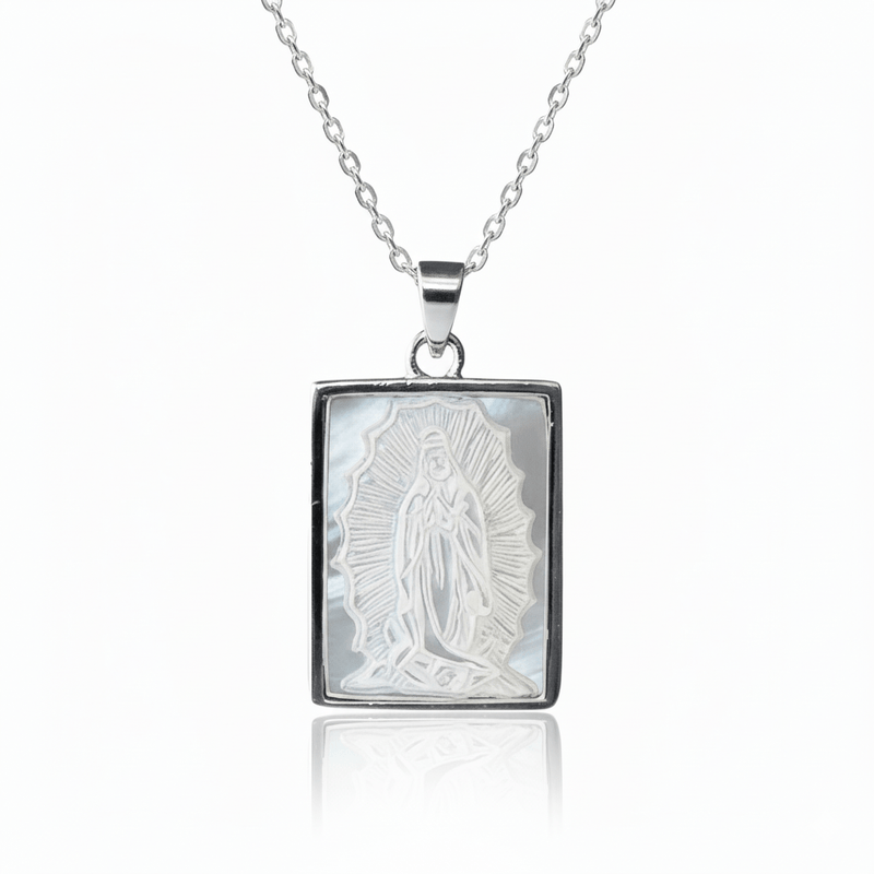 Silver - Plated Guadalupe Necklace w/ Mother of Pearl 18 - inch - Guadalupe Gifts