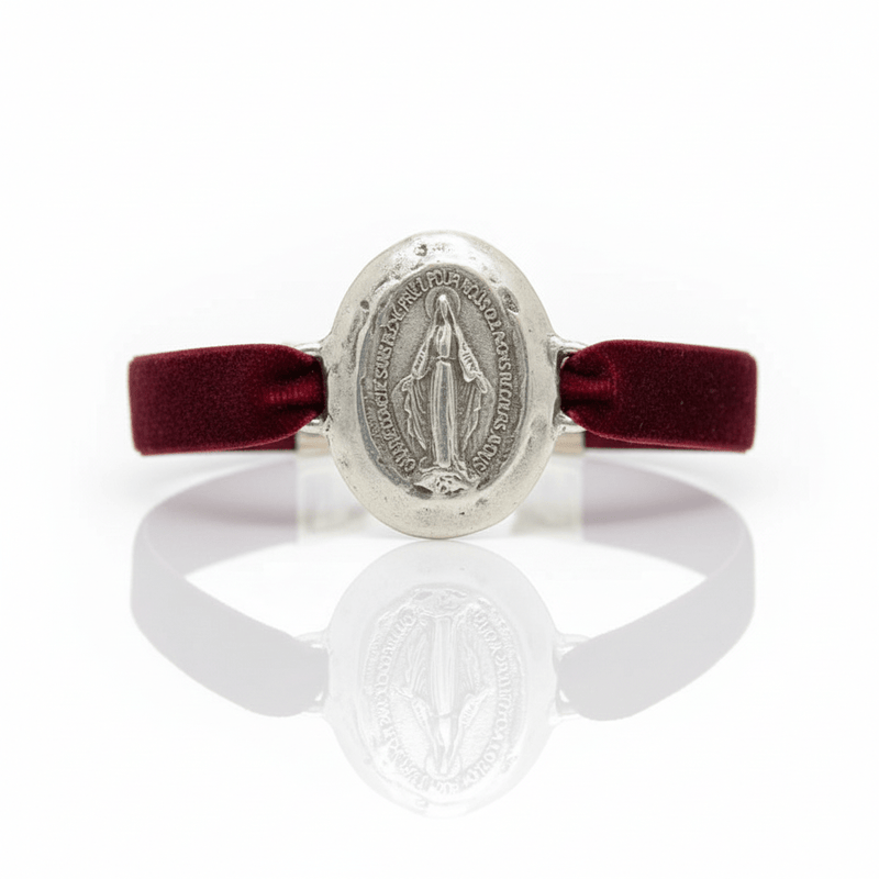 Silver - Plated Miraculous Medal Velvet Bracelet 7.5 - inch - Guadalupe Gifts