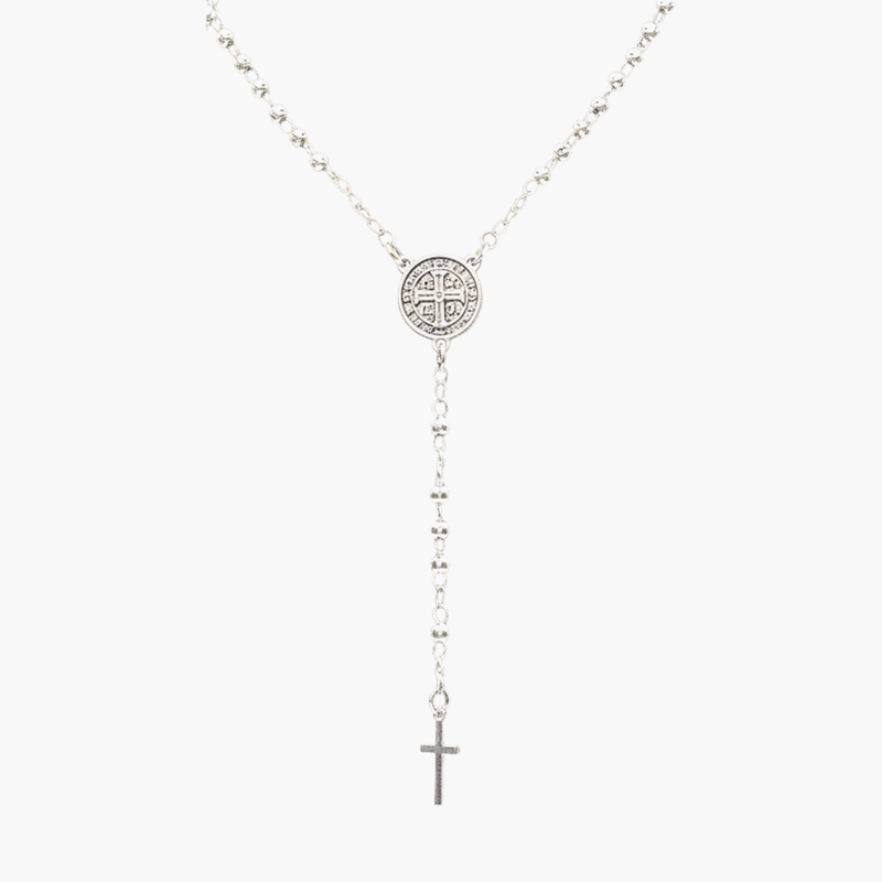 Silver - Plated Saint Benedict Medal Rosary Necklace 16 - inch - Guadalupe Gifts