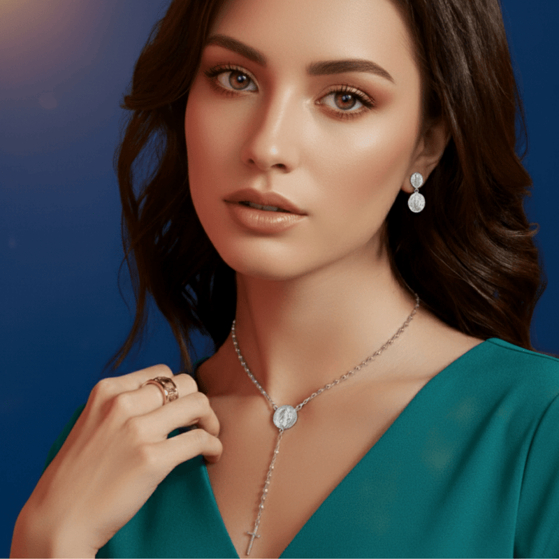 Silver - Plated Saint Benedict Medal Rosary Necklace 16 - inch - Guadalupe Gifts