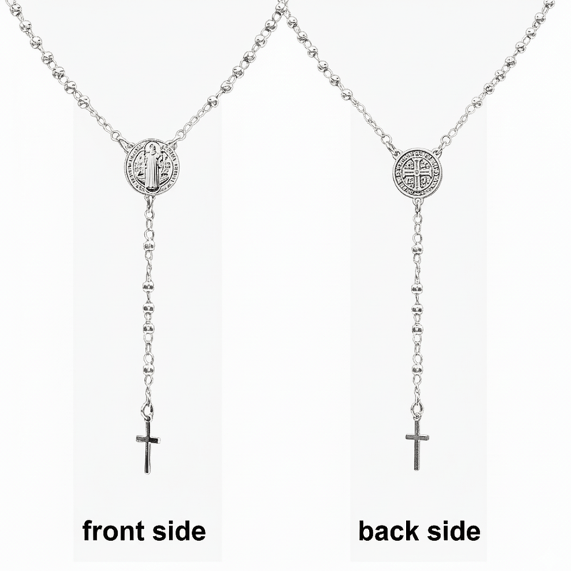 Silver - Plated Saint Benedict Medal Rosary Necklace 16 - inch - Guadalupe Gifts