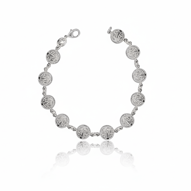 Silver - Plated St Benedict Coins Bracelet 7.5 - inch - Guadalupe Gifts