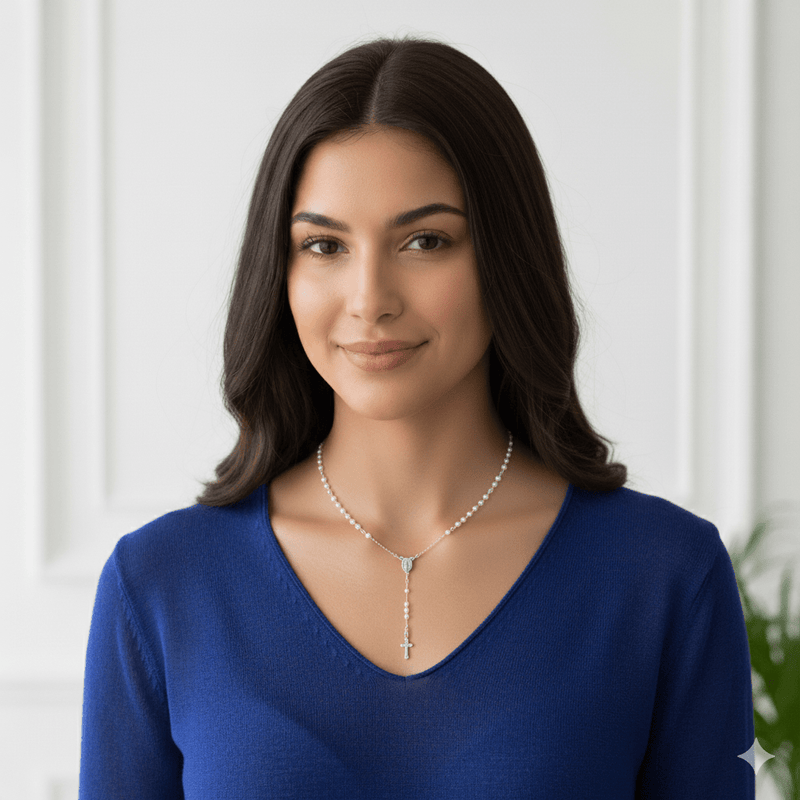 Silver - Plated Tiny Beads Pearl Our Lady of Grace Rosary Necklace 18 - inch - Guadalupe Gifts