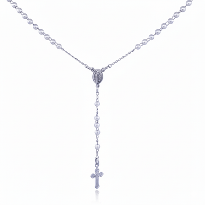 Silver - Plated Tiny Beads Pearl Our Lady of Grace Rosary Necklace 18 - inch - Guadalupe Gifts