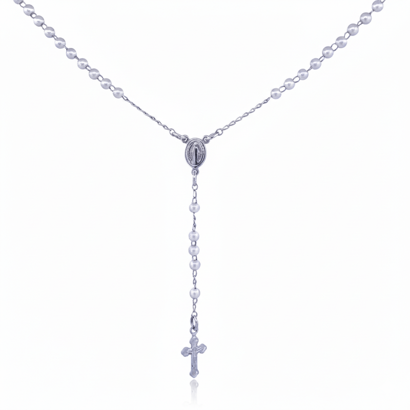 Silver - Plated Tiny Beads Pearl Our Lady of Grace Rosary Necklace 18 - inch - Guadalupe Gifts