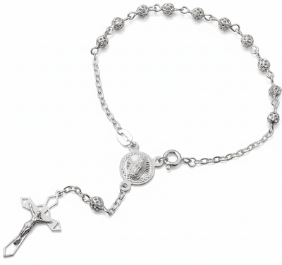 Silver Rosary Bracelet of Our Lady of Guadalupe with Filigree Beads 7.5 - Guadalupe Gifts