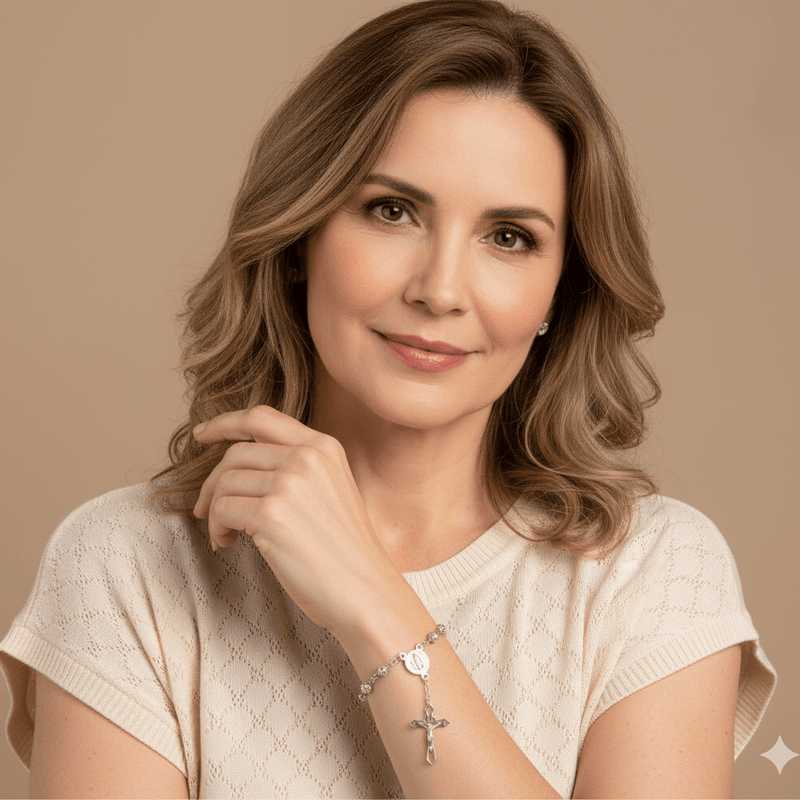 Silver Rosary Bracelet of Our Lady of Guadalupe with Filigree Beads 7.5 - Guadalupe Gifts