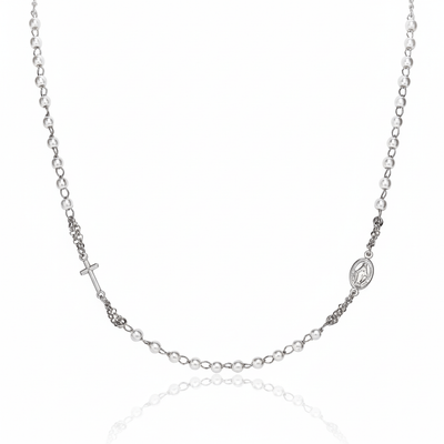 Silver Rosary choker with pearls, rhodium 18 - inch - Guadalupe Gifts