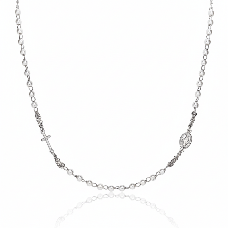 Silver Rosary choker with pearls, rhodium 18 - inch - Guadalupe Gifts