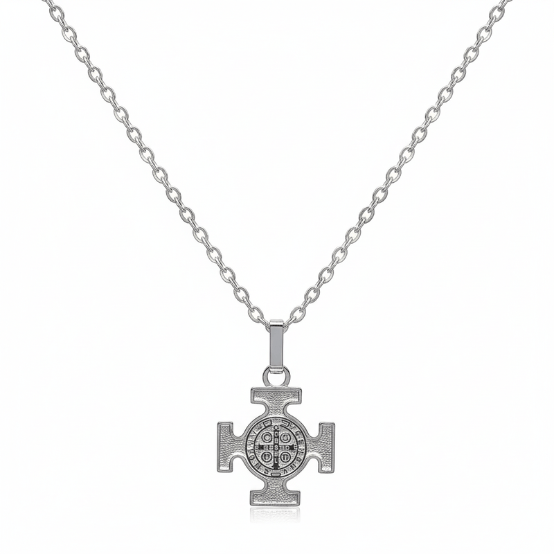 Silver Saint Benedict Medal Cross Necklace 18 - inch - Guadalupe Gifts