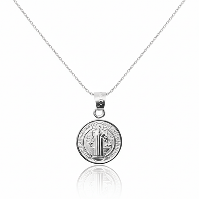 Silver Saint Benedict Medal Mini Round Pendant 18 - inch - Guadalupe Gifts