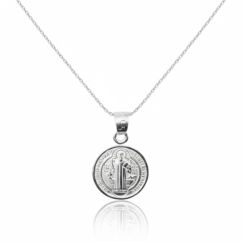 Silver Saint Benedict Medal Mini Round Pendant 18 - inch - Guadalupe Gifts