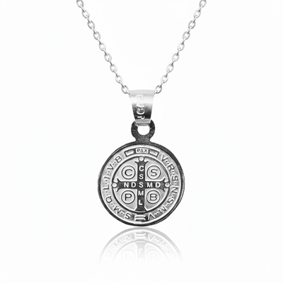 Silver Saint Benedict Medal Mini Round Pendant 18 - inch - Guadalupe Gifts