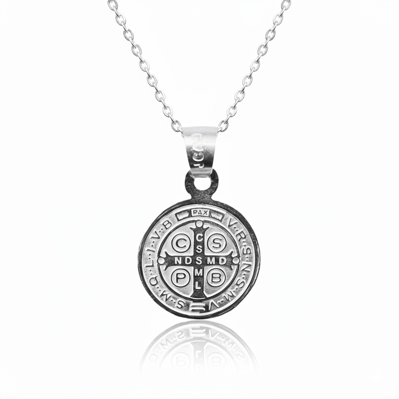 Silver Saint Benedict Medal Mini Round Pendant 18 - inch - Guadalupe Gifts