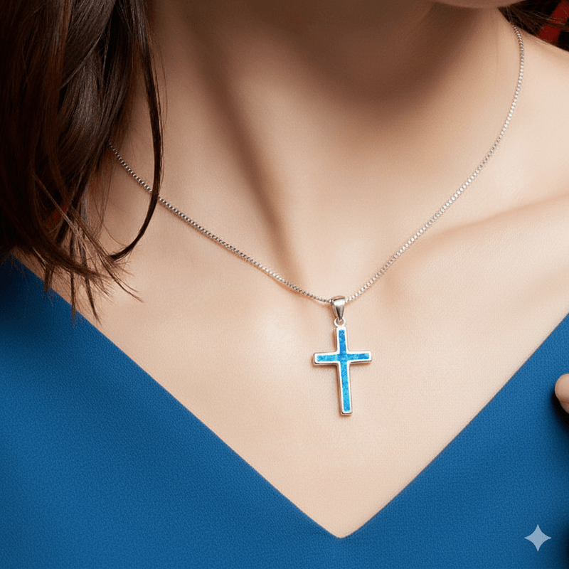 Silver Thin Cross Necklace w/ Blue Opal 18 - inch - Guadalupe Gifts