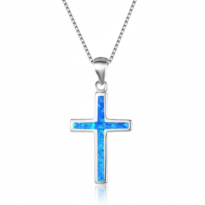 Silver Thin Cross Necklace w/ Blue Opal 18 - inch - Guadalupe Gifts