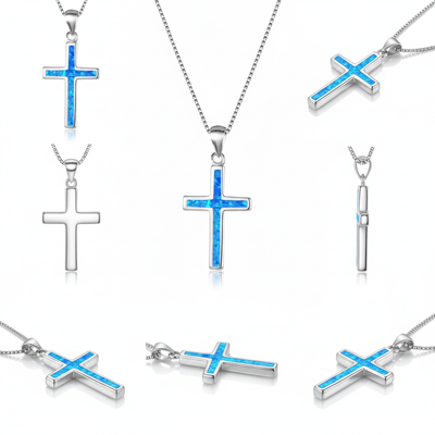 Silver Thin Cross Necklace w/ Blue Opal 18 - inch - Guadalupe Gifts