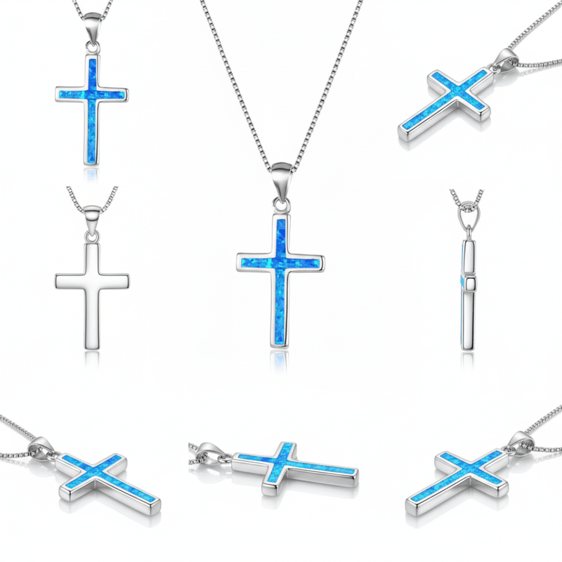 Silver Thin Cross Necklace w/ Blue Opal 18 - inch - Guadalupe Gifts