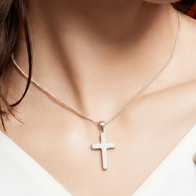 Silver Thin Cross Necklace w/ White Opal 18 - inch - Guadalupe Gifts