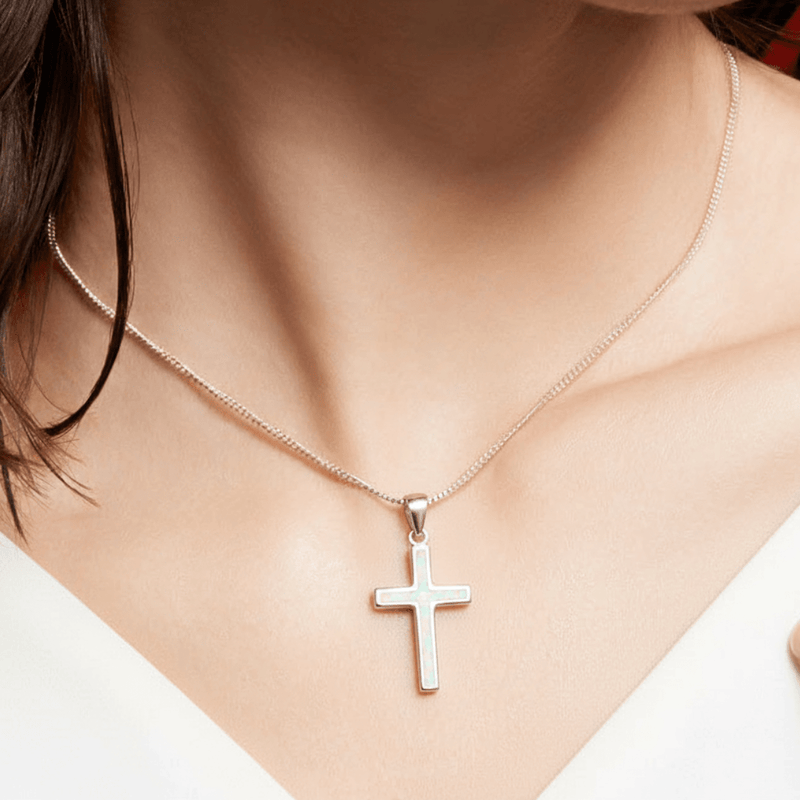 Silver Thin Cross Necklace w/ White Opal 18 - inch - Guadalupe Gifts