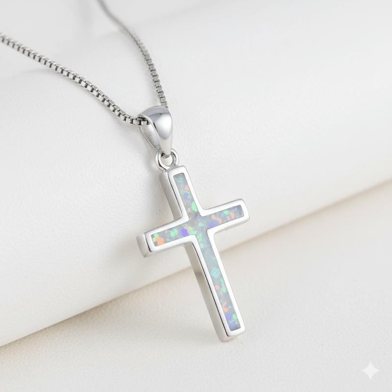 Silver Thin Cross Necklace w/ White Opal 18 - inch - Guadalupe Gifts