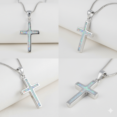 Silver Thin Cross Necklace w/ White Opal 18 - inch - Guadalupe Gifts