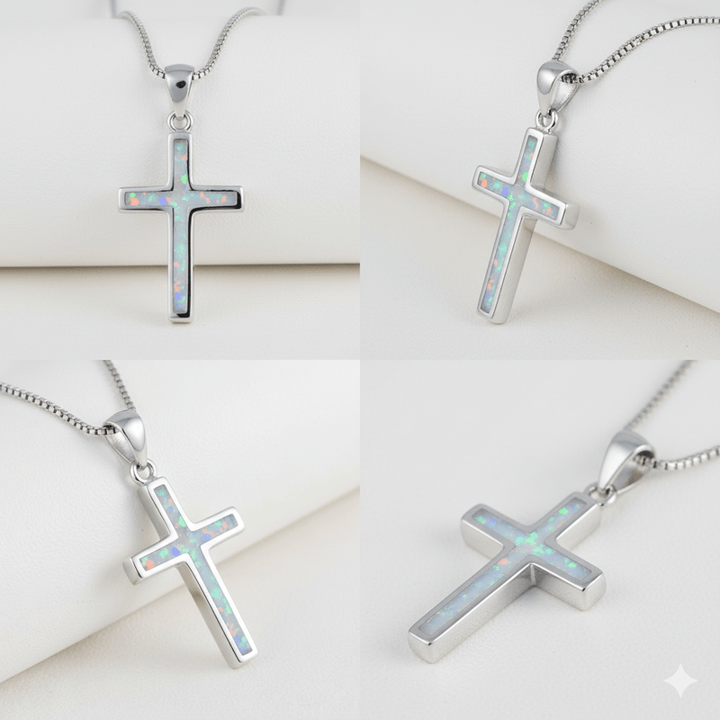 Silver Thin Cross Necklace w/ White Opal 18 - inch - Guadalupe Gifts