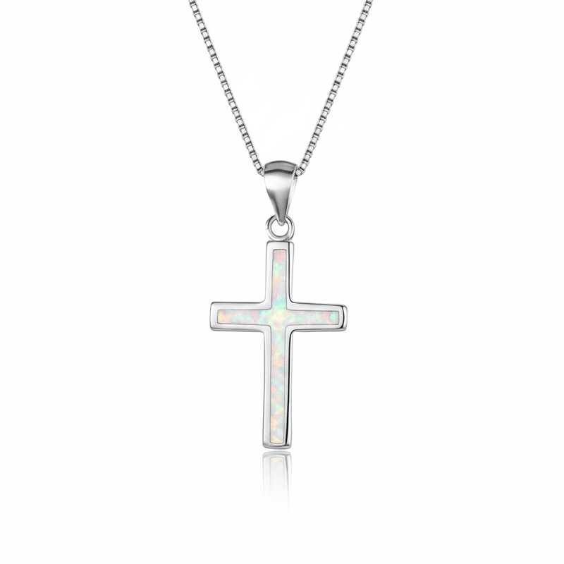 Silver Thin Cross Necklace w/ White Opal 18 - inch - Guadalupe Gifts
