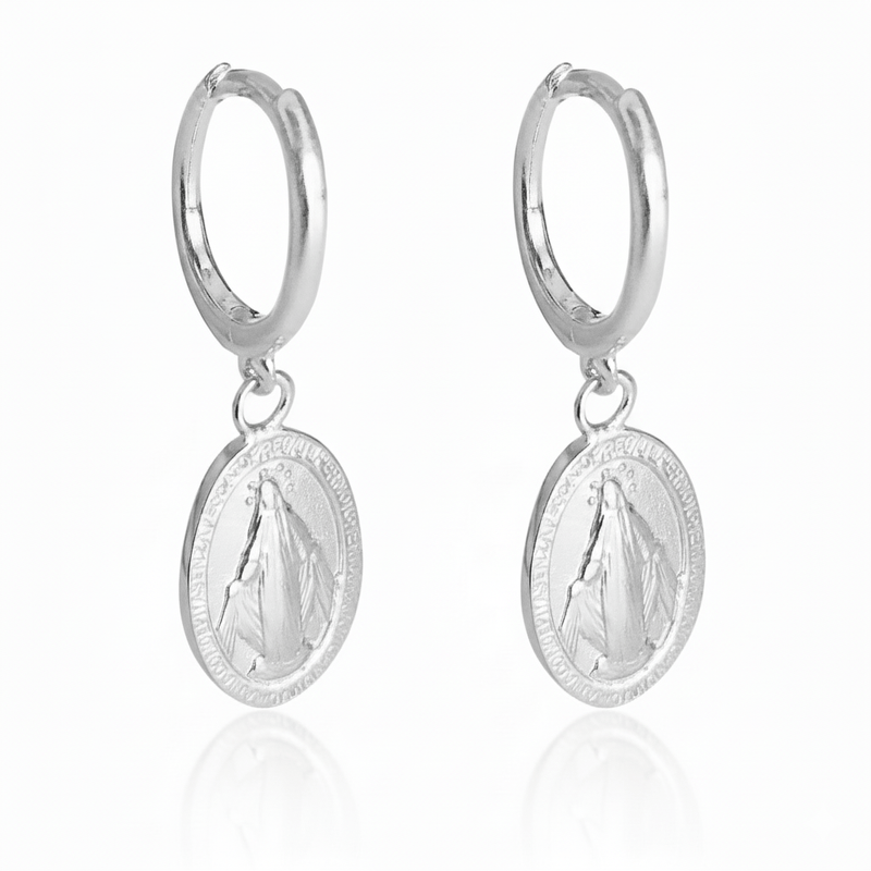Silver Virgin Mary Huggie Hoop Earrings - Guadalupe Gifts
