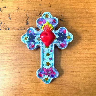 Small Sacred Heart Baroque Cross w/ Pressed Flowers 4.5" - Guadalupe Gifts