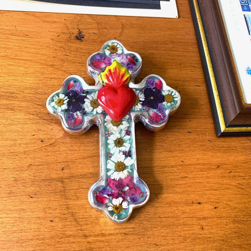 Small Sacred Heart Baroque Cross w/ Pressed Flowers 4.5" - Guadalupe Gifts