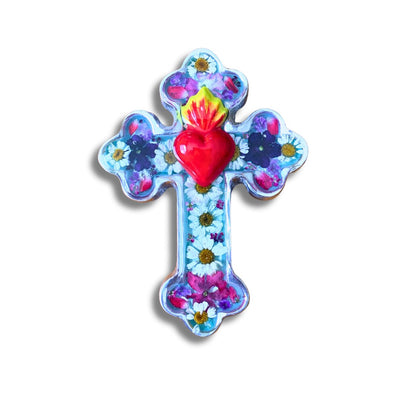 Small Sacred Heart Baroque Cross w/ Pressed Flowers 4.5" - Guadalupe Gifts