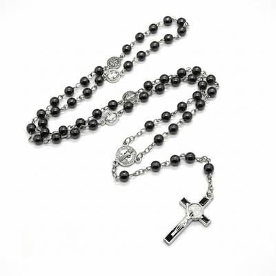 St Benedict Hematite Rosary Beads 18.5 - inch - Guadalupe Gifts