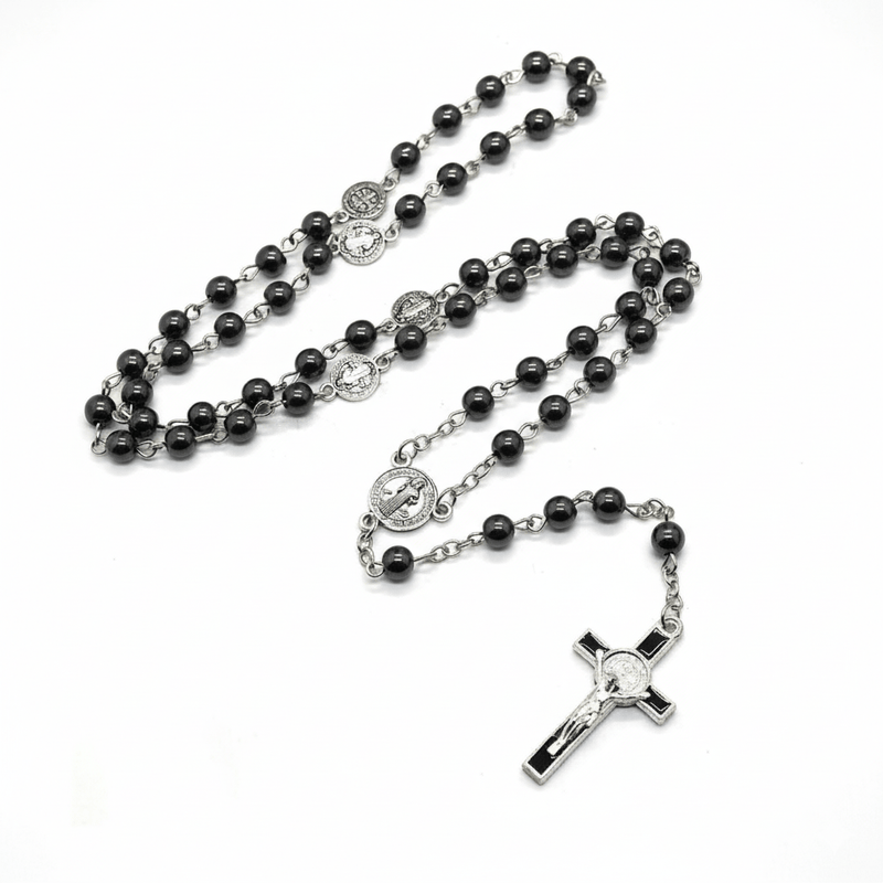 St Benedict Hematite Rosary Beads 18.5 - inch - Guadalupe Gifts
