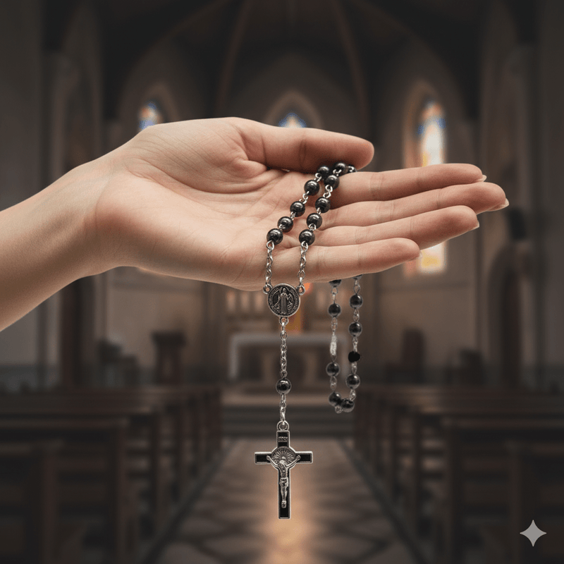 St Benedict Hematite Rosary Beads 18.5 - inch - Guadalupe Gifts