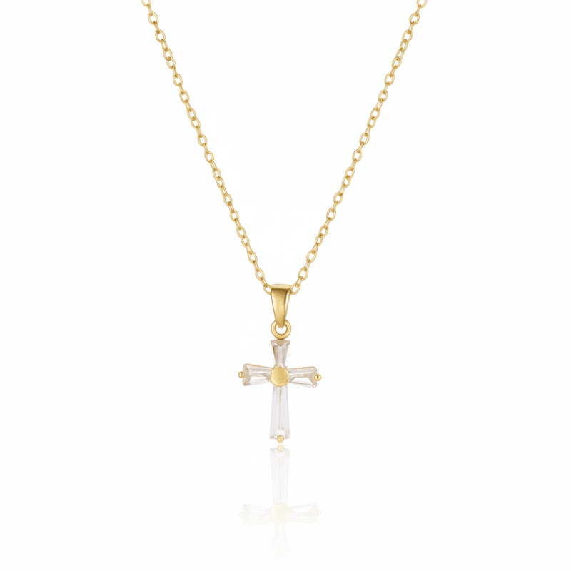 Stainless Steel Dainty Clear Zirconia Cross Necklace 18" - Guadalupe Gifts
