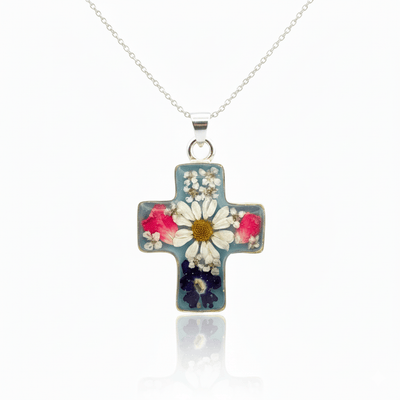 Thick Cross Necklace w/ Pressed Flowers 18 - inch - Guadalupe Gifts