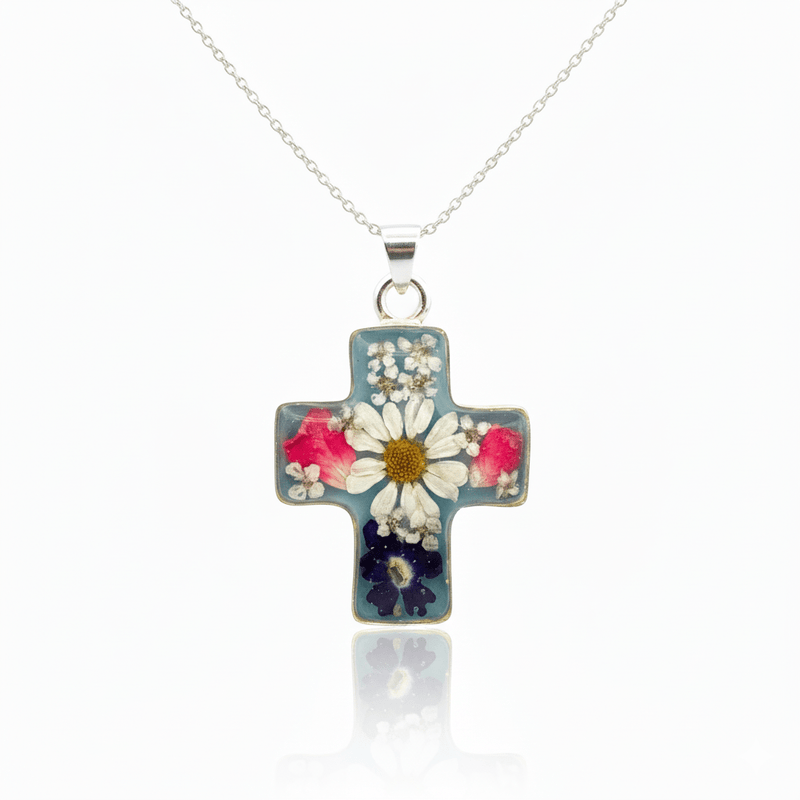 Thick Cross Necklace w/ Pressed Flowers 18 - inch - Guadalupe Gifts