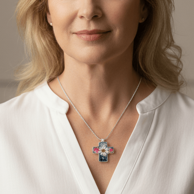 Thick Cross Necklace w/ Pressed Flowers 18 - inch - Guadalupe Gifts