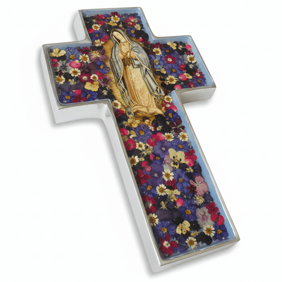 Virgen de Guadalupe Grand Wall Cross w/ Pressed Flowers 11" - Guadalupe Gifts