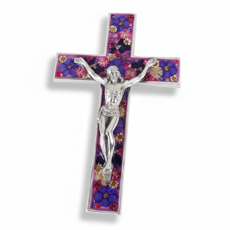 Wall Grand Crucifix w/ Pressed Flowers 10" - Guadalupe Gifts
