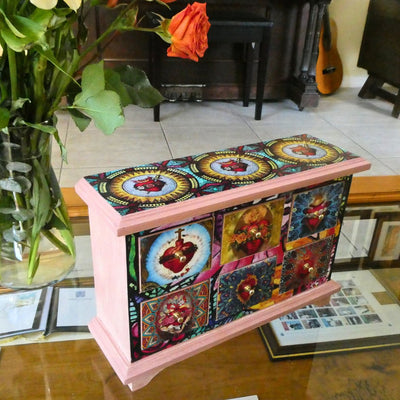 Wood Decoupage Jewelry Chest – Sacred Heart Designs 7.5" x 11" x 3.2" - Guadalupe Gifts