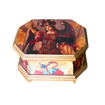 Wooden Jewelry Box - St Michael, St Gabriel and St Raphael Archangels 3.9" x 7.5" x 5.5" - Guadalupe Gifts