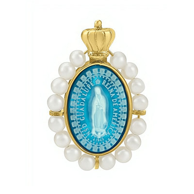 14k Gold Blue Agate Pearls Virgen de Guadalupe Medalla Princesa 0.7" x 0.5" - Guadalupe Gifts