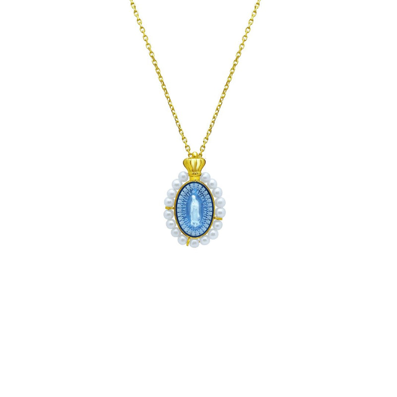 14k Gold Blue Agate Pearls Virgen de Guadalupe Medalla Princesa 18" - Guadalupe Gifts